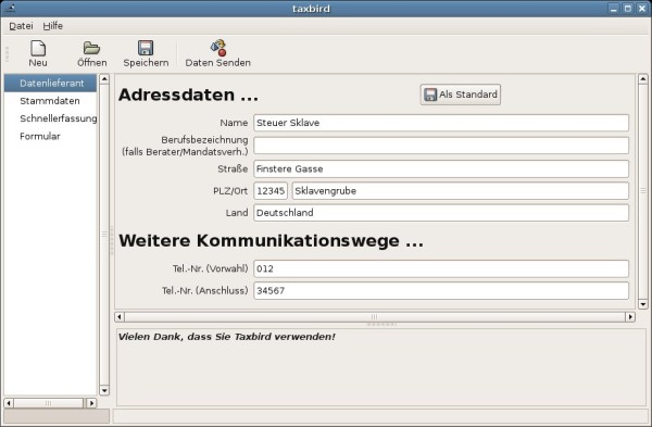 Eingabe der Adressdaten in Taxbird