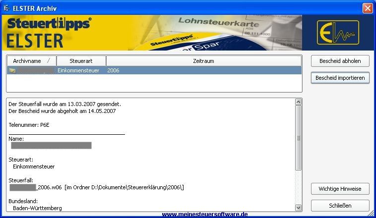 Steuer-Spar-Erklärung Elster - Steuer Bescheid importieren