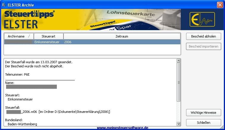 Steuer-Spar-Erklärung Elster Archiv vor dem Re-Import